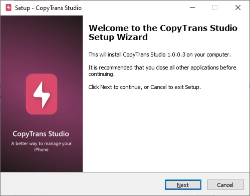 Begin installation of CopyTrans Studio