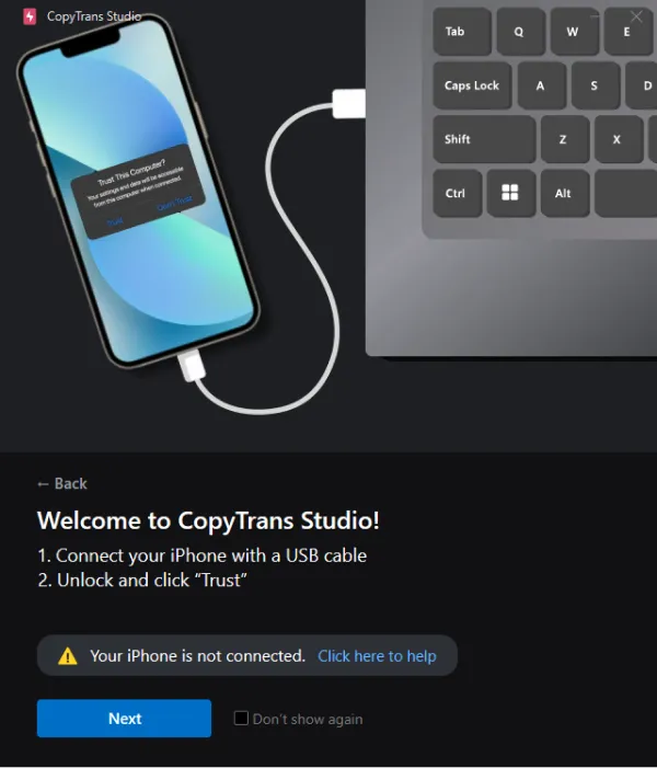 CopyTrans Studio connect with USB cable
