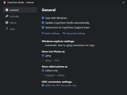 New setting Window in CopyTrans Studio