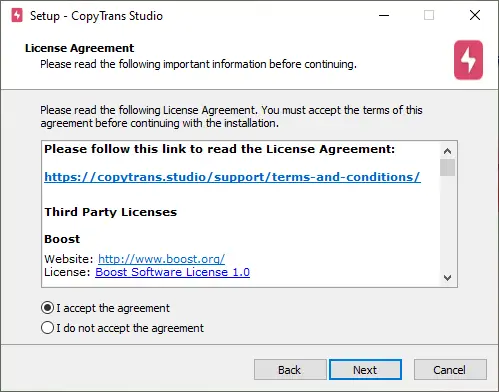Accept license agreement for CopyTrans Studio