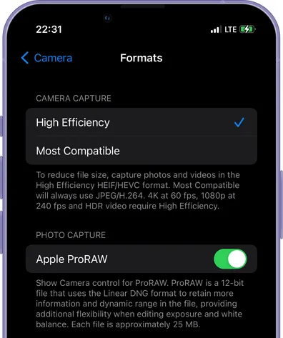 select photo and video format on your iPhone