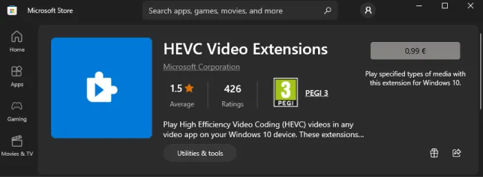 hevc extension by Microsoft