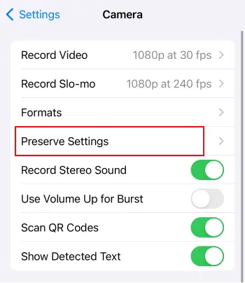 Preserve settings in camera