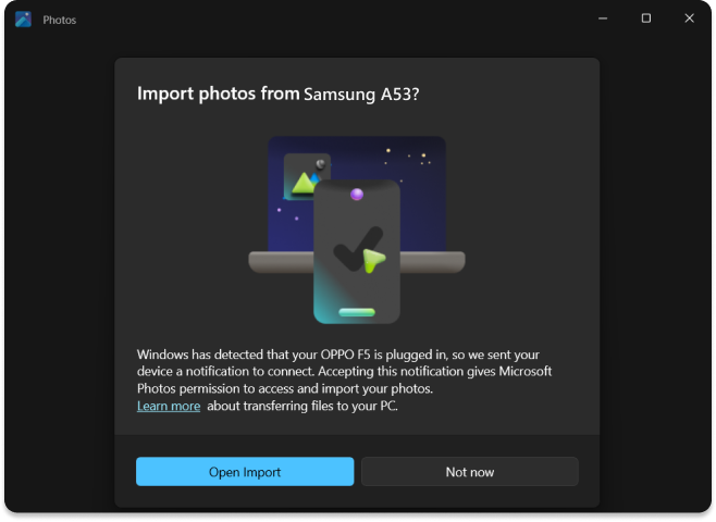 Open Import on Windows to copy Samsung photo library