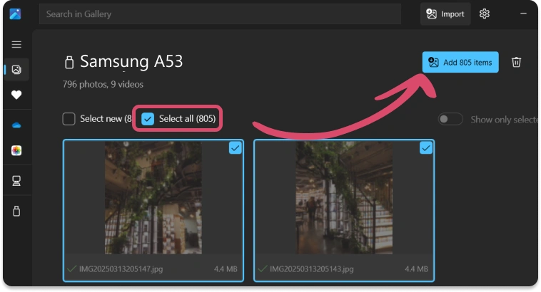 Select Samsung photos to transfer to PC