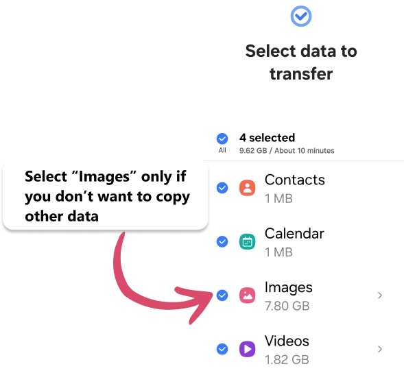 Select data to transfer via Smart Switch