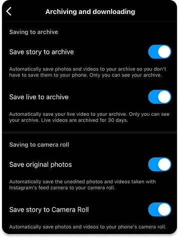 The settings in Instagram