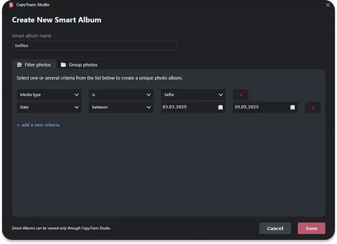 Create a Smart Album with selfies