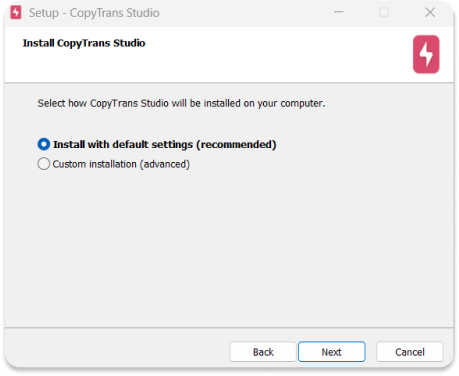 Select installation options in CopyTrans Studio