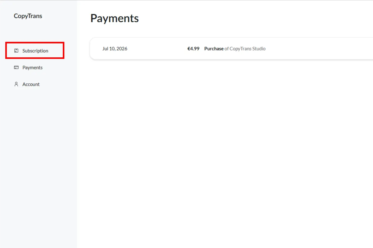 Screenshot showing Subscriptions and CopyTrans Studio