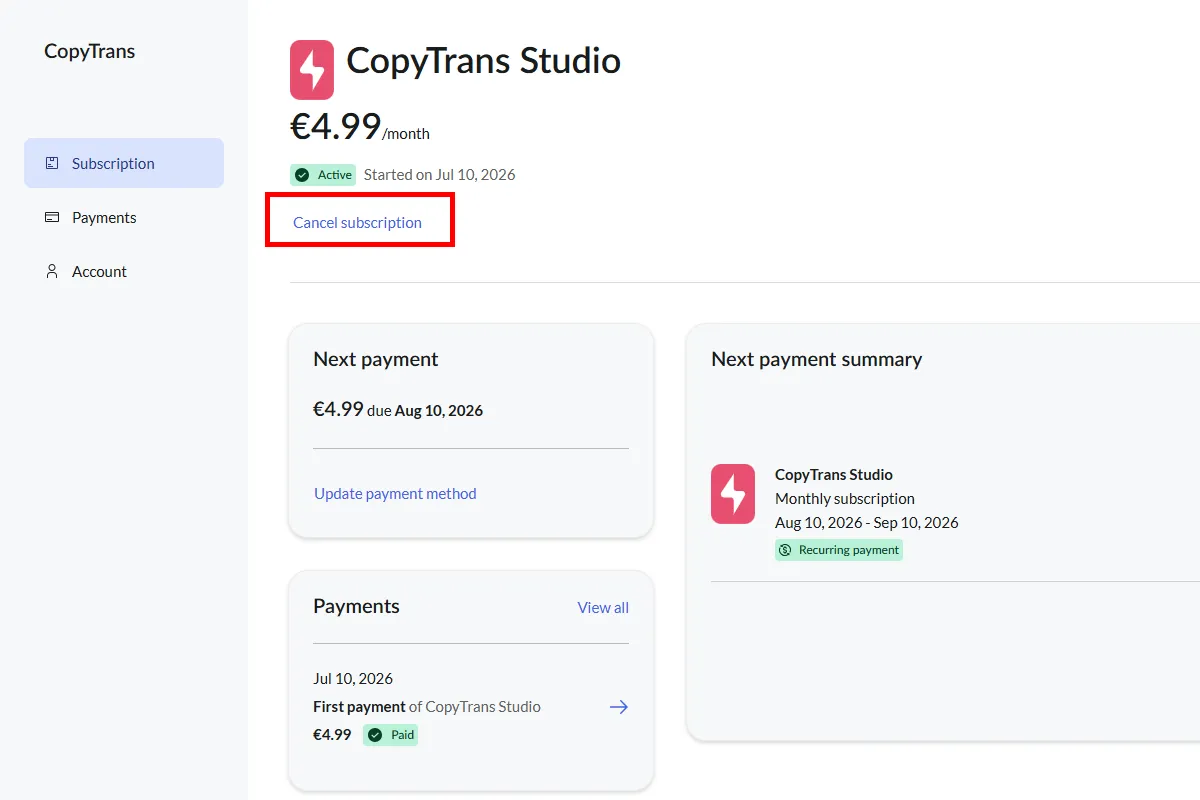 Screenshot showing the Cancel Subscription button